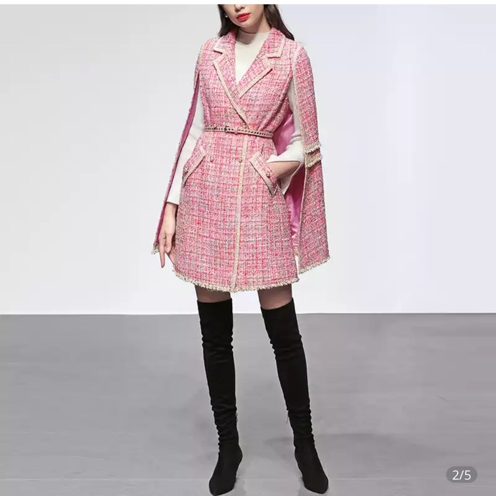 Chanel vibe Tweed double breasted belted cape coat